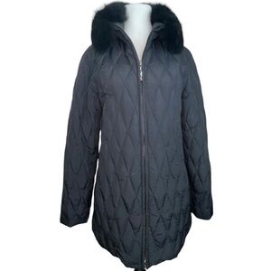 Larry Levine Down Quilted Coat Fox Fur Collar Mid Length